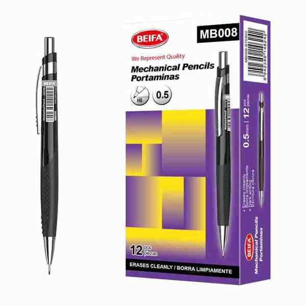 Lápiz mecánico de metal y plástico x12 con goma, punta 0.5mm, en caja BEIFA