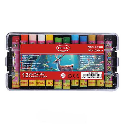 [E3498] Óleo pastel, 12 colores, redondos, en estuche de plástico, BEIFA