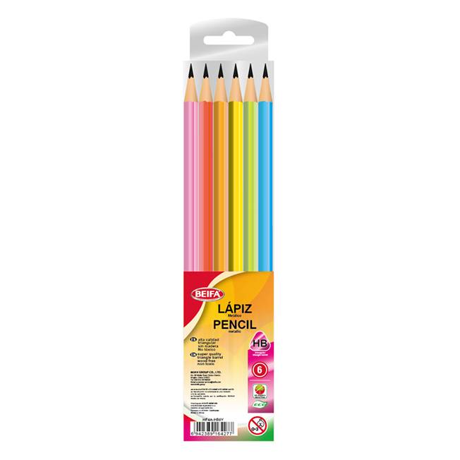 Lápiz negro HB x6, con goma, triangular metalizado, en blister BEIFA