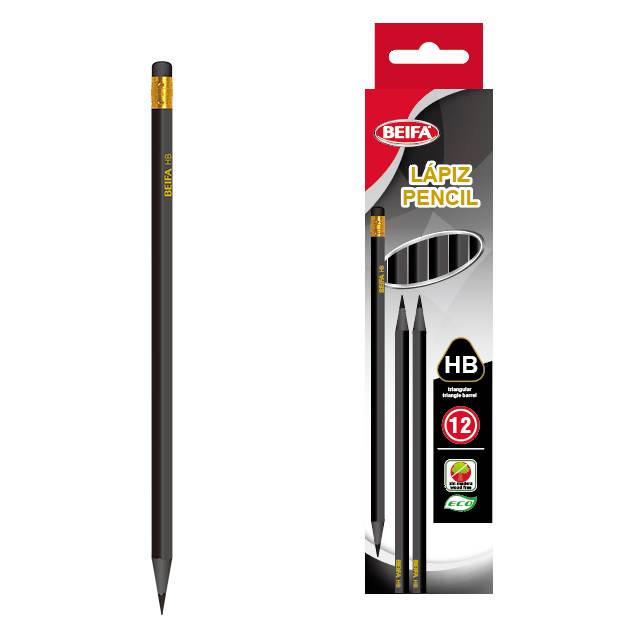 Lápiz negro HB x12, con goma, triangular, en caja BEIFA