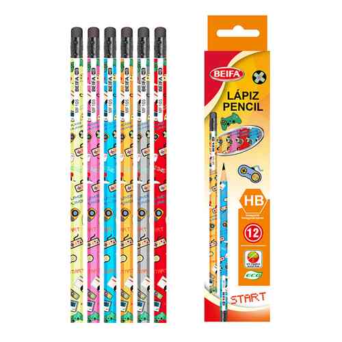 Lápiz negro HB x12, con goma, hexagonal con diseño, en caja BEIFA