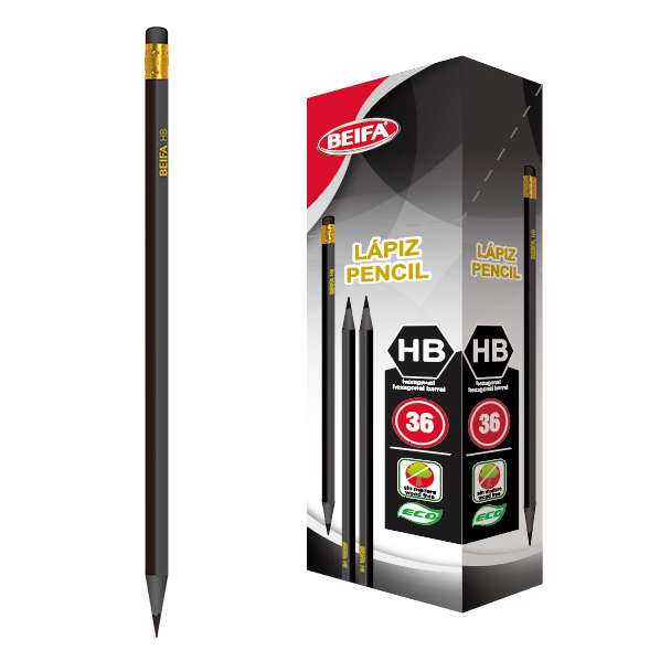 Lápiz negro HB x36, con goma, triangular, en caja BEIFA