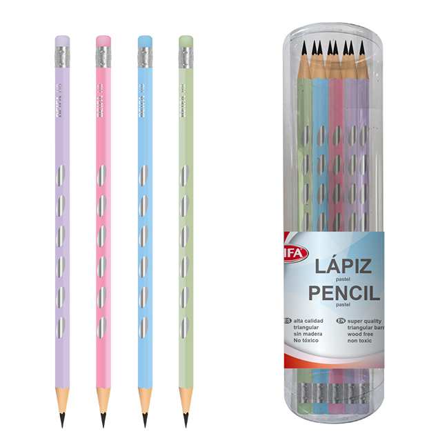 Lápiz negro HB x24, con goma, triangular con diseños, en tubo de plástico BEIFA