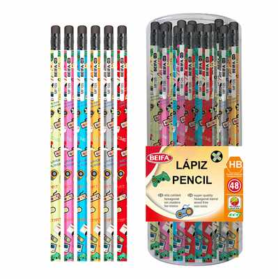 Lápiz negro HB x48, con goma, hexagonal, con diseño, en tubo de plástico BEIFA