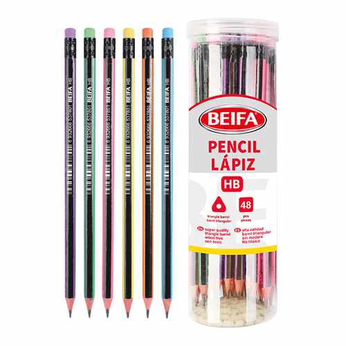 Lápiz negro HB x48, con goma, triangular, en tubo de plástico BEIFA