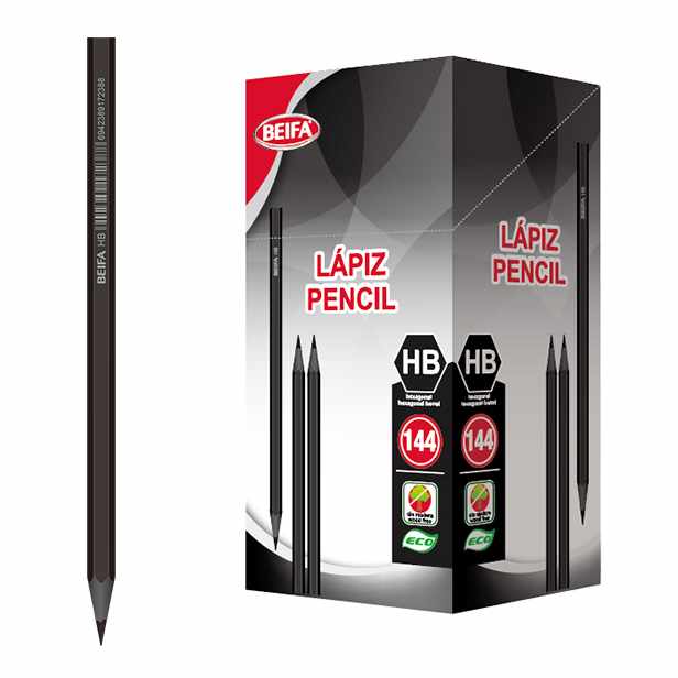 Lápiz negro HB x144, con goma, hexagonal, en caja BEIFA