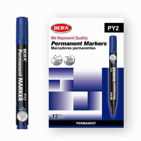 [E3533B] Marcador permanente x12, AZUL punta redonda, recargable, en caja BEIFA