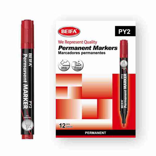 [E3533C] Marcador permanente x12, ROJO punta redonda, recargable, en caja BEIFA