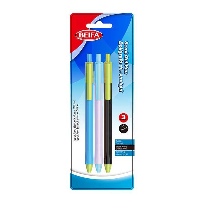 [E3541] Lapicera semigel x3, AZUL, punta 0.7, retráctil, en blister, BEIFA