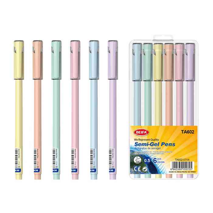 Lapicera semigel x6, NEGRO, punta 0.5, en estuche de plástico, BEIFA