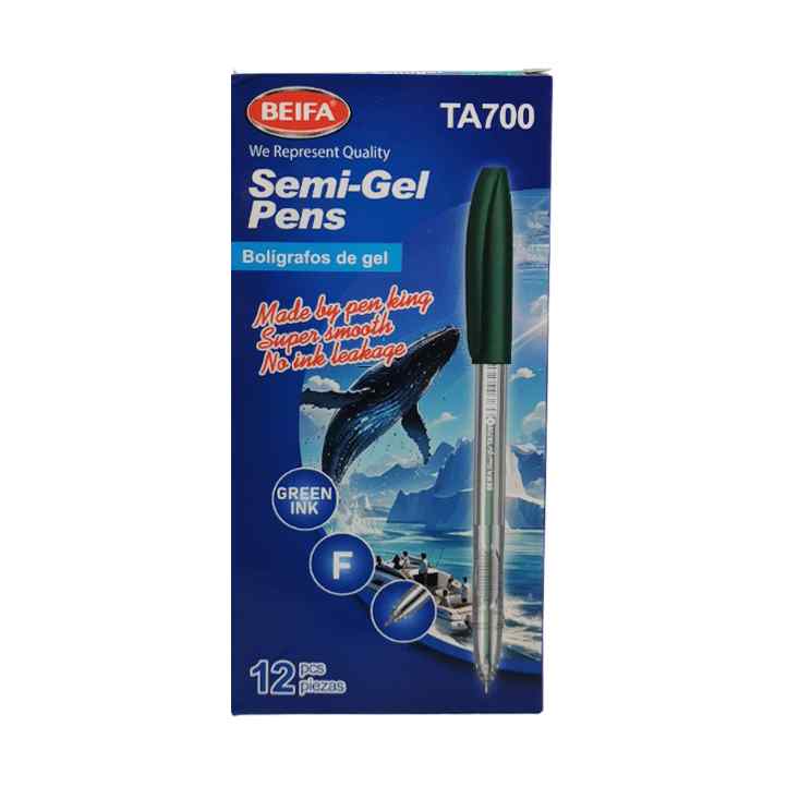 Lapicera semigel x12, VERDE, punta fina, en caja, BEIFA