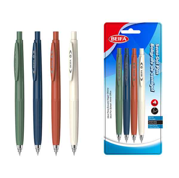 [E3557] Lapicera semigel x4, NEGRO, punta 1.0, retráctil, en blister, BEIFA