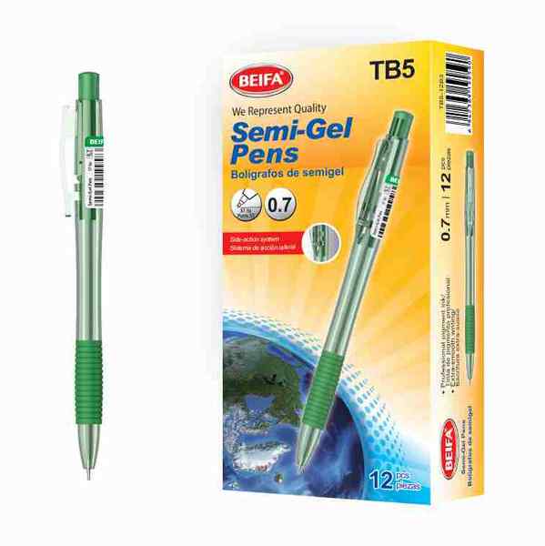 [E3562D] Lapicera de gel x12, VERDE, punta 0.7, retráctil, en caja BEIFA