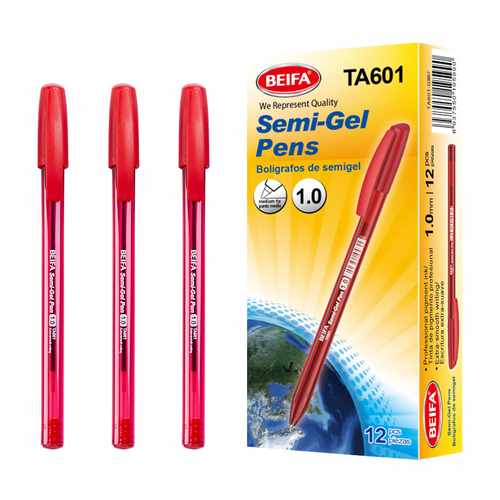 Lapicera semigel x12, ROJO, punta 1.0, en caja, BEIFA