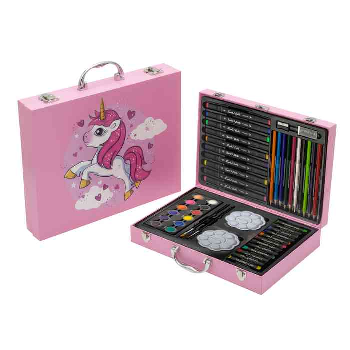 [E3657] Valija de arte infantil, 50 piezas, contiene lápices de colores, marcadores doble punta, acuarelas, óleo pastel y accesorios, varios diseños