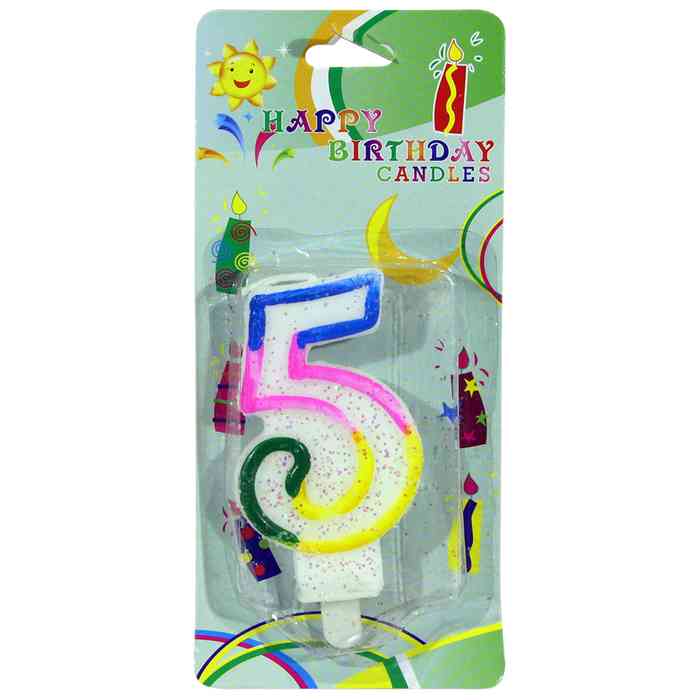 [G1300F] Velita de cumpleaños borde multicolor, Nº5 en blister CAJAx12