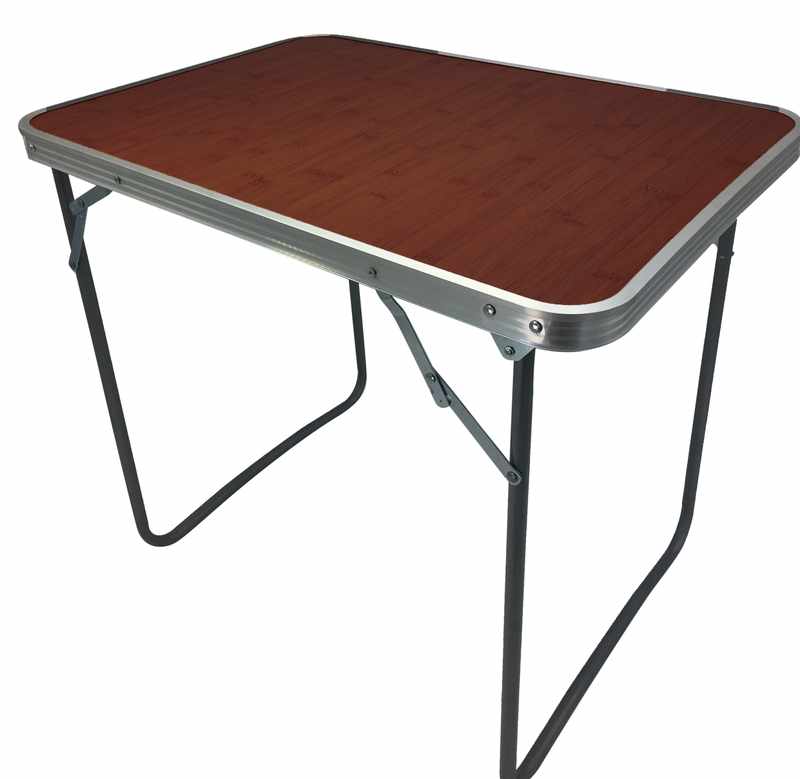 [G1704A] Mesa de aluminio plegable, tapa símil madera color oscuro, con asa, en caja