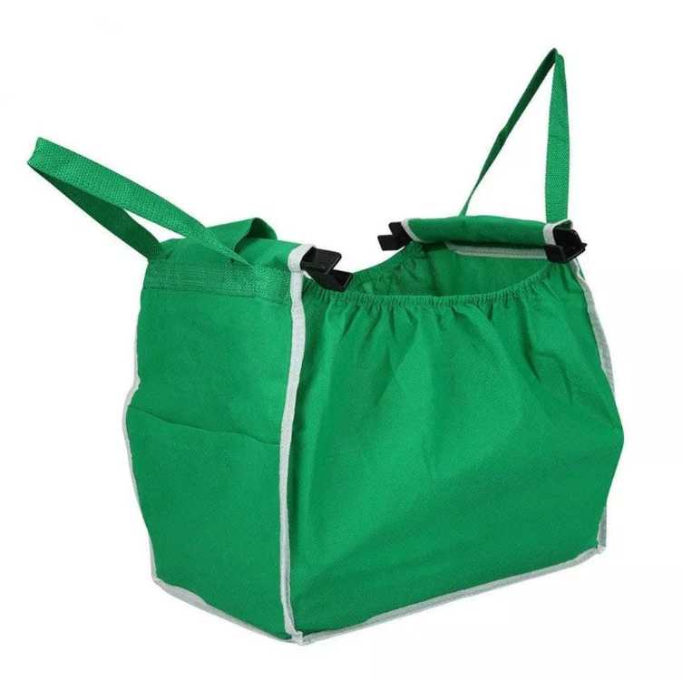 [G1846] Bolsa de TNT reforzado, con clip para carrito, con asas y bolsillo, plegable, pack x2