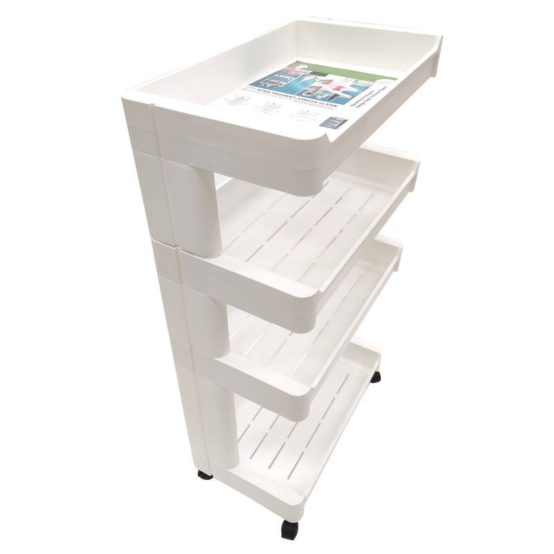 Mueble estantería de plástico, 4 estantes bandeja, con ruedas