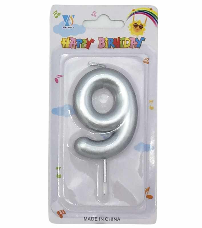 Velita de cumpleaños plateada N°9, en blister CAJAx12