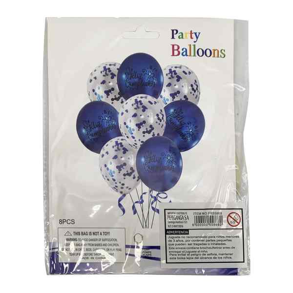 Globos surtidos x8 12" feliz cumpleaños y confetti, varios colores