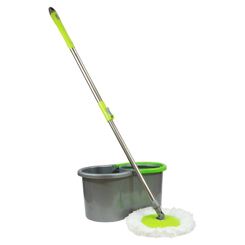 [G2566] Mopa de microfibra mango de acero inoxidable extensible + balde de plástico con centrifugadora de plástico, en bolsa ALKLIN