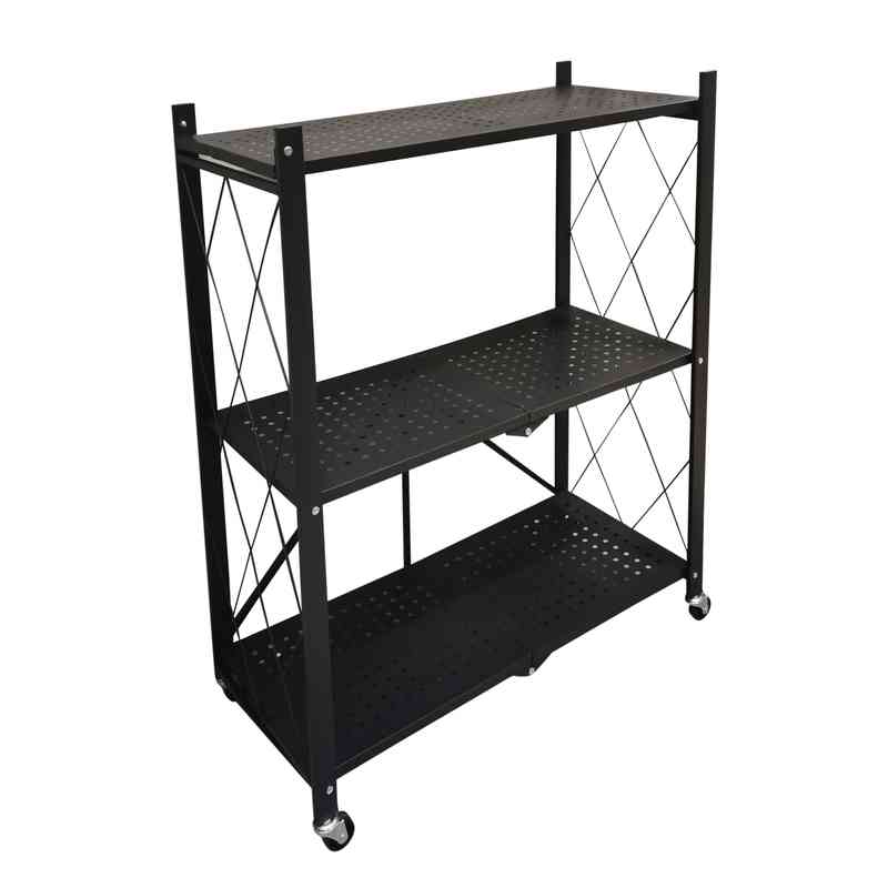 Mueble estantería de metal plegable con ruedas, 3 estantes NEGRO, en caja