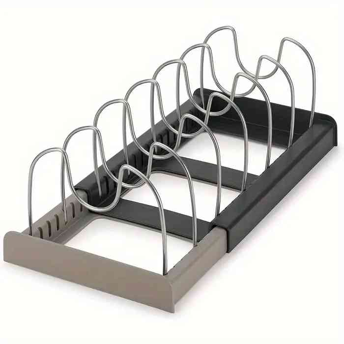 Soporte organizador de tapas y tablas, extensible, de acero y plástico, en caja