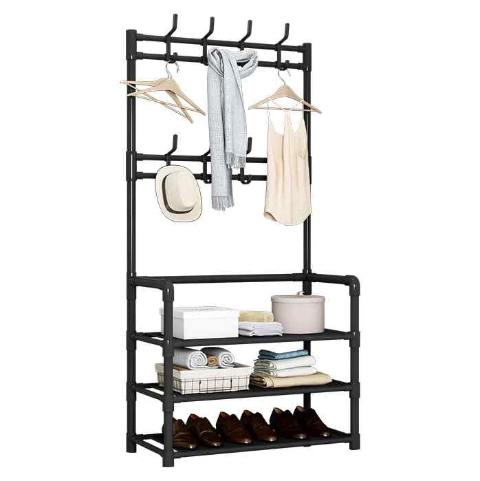 Mueble perchero con zapatera de metal, en caja