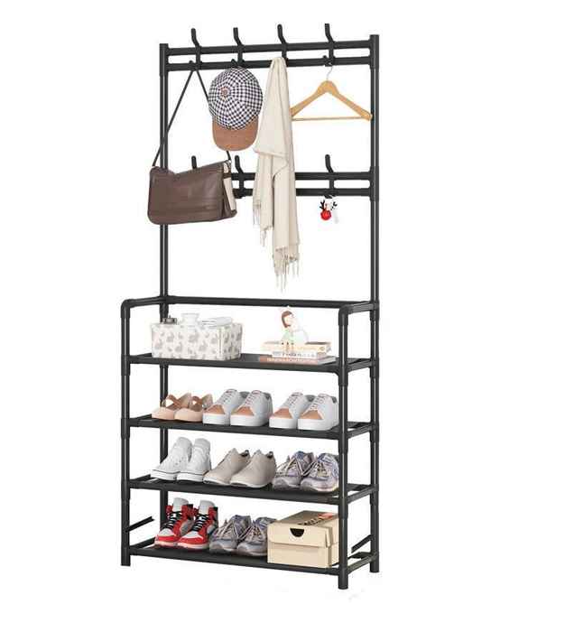 Mueble perchero con zapatero de metal, en caja