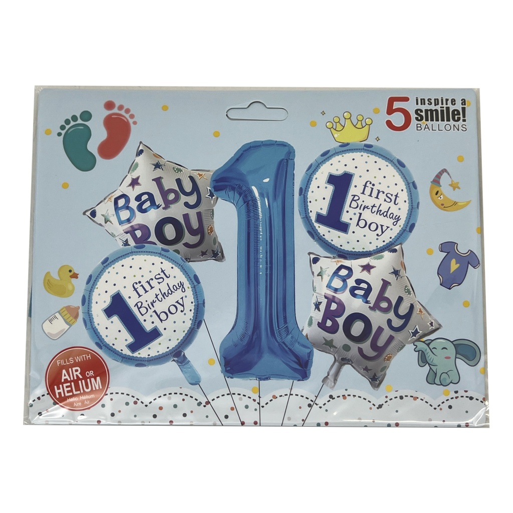 Globo metalizado x5 con N°1 celeste, en bolsa