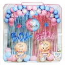 Globos surtidos x50 con globos metalizados x7 y cortina rosada y celeste, en bolsa