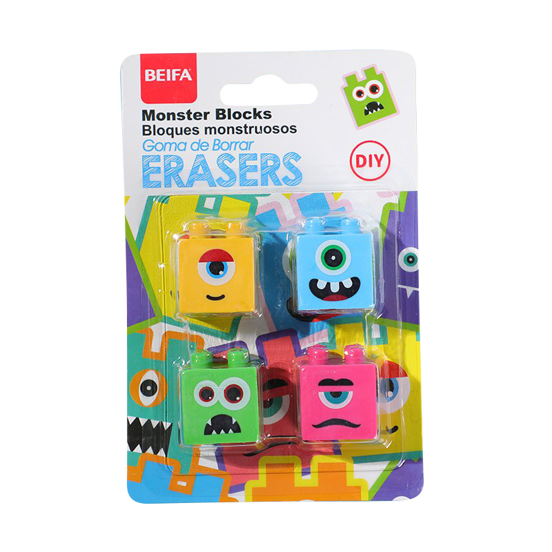 [E3641] Goma de borrar x4, monstruos, en blister, BEIFA