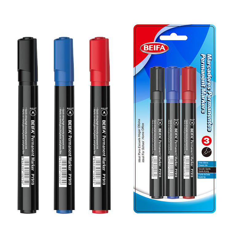 [E3645] Marcador permanente x3, colores punta redonda, en blister, BEIFA