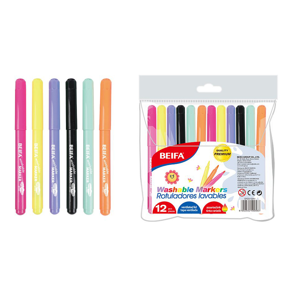 [E3647] Marcadores punta redonda x12 colores, en bolsa, BEIFA