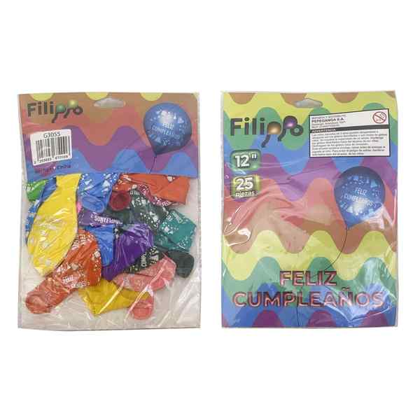 [G3055] Globo FILIPPO 12" con diseño, FELIZ CUMPLEAÑOS, bolsa x25