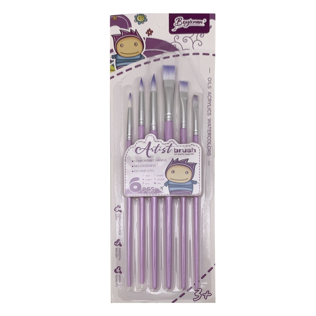 Pincel de plástico y nylon x6, en bolsa, varios colores