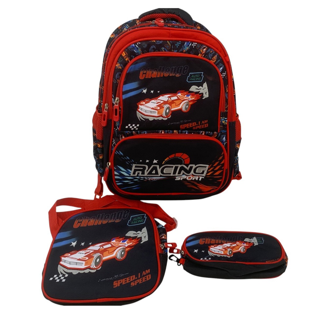 Mochila infantil, 3 bolsillos frontales 2 bolsillos laterales, con cartuchera y lunchera, en bolsa, varios diseños