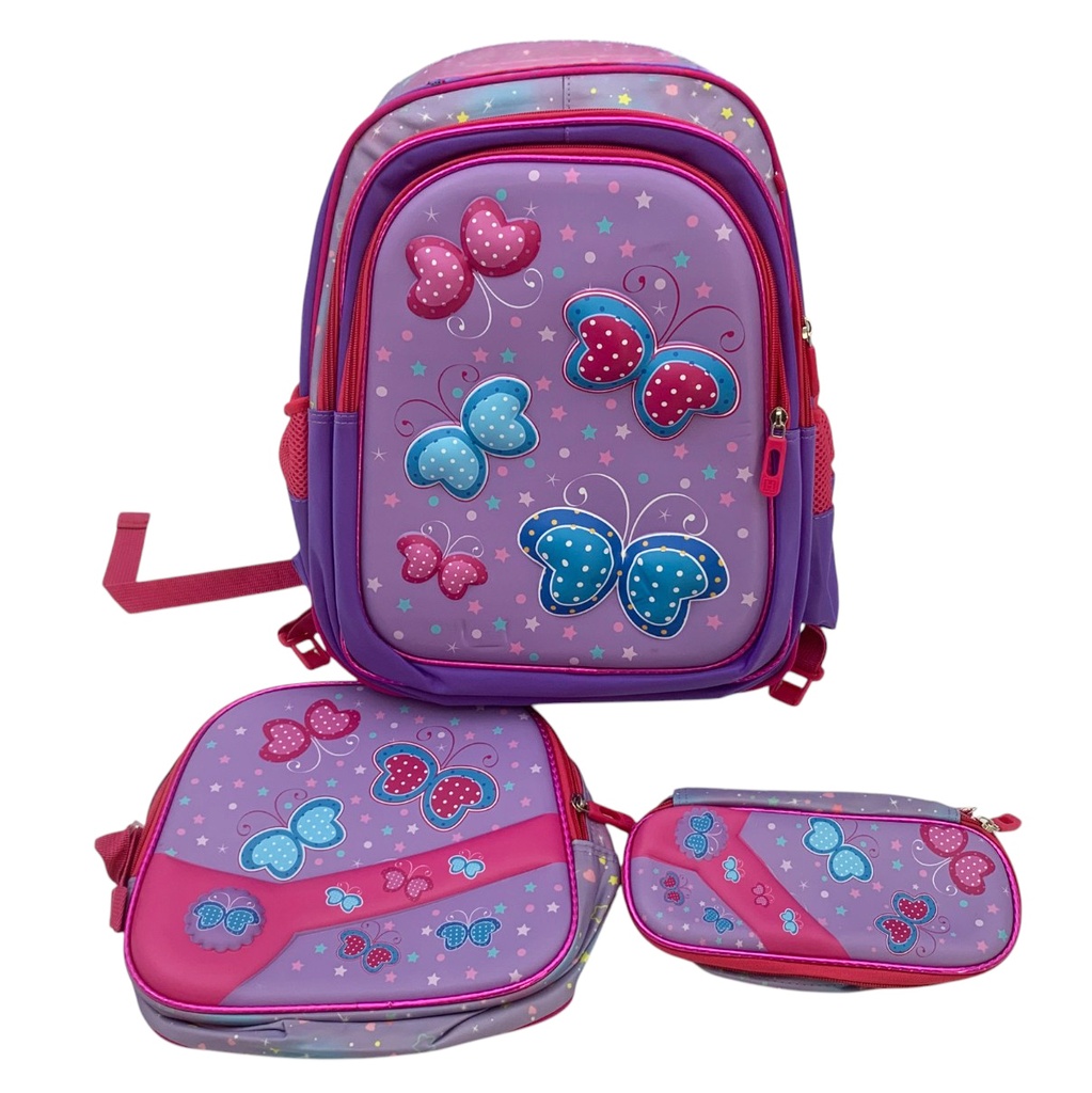 Mochila infantil, 2 bolsillos frontales 2 bolsillos laterales, con cartuchera y lunchera, en bolsa, varios diseños frente 3D