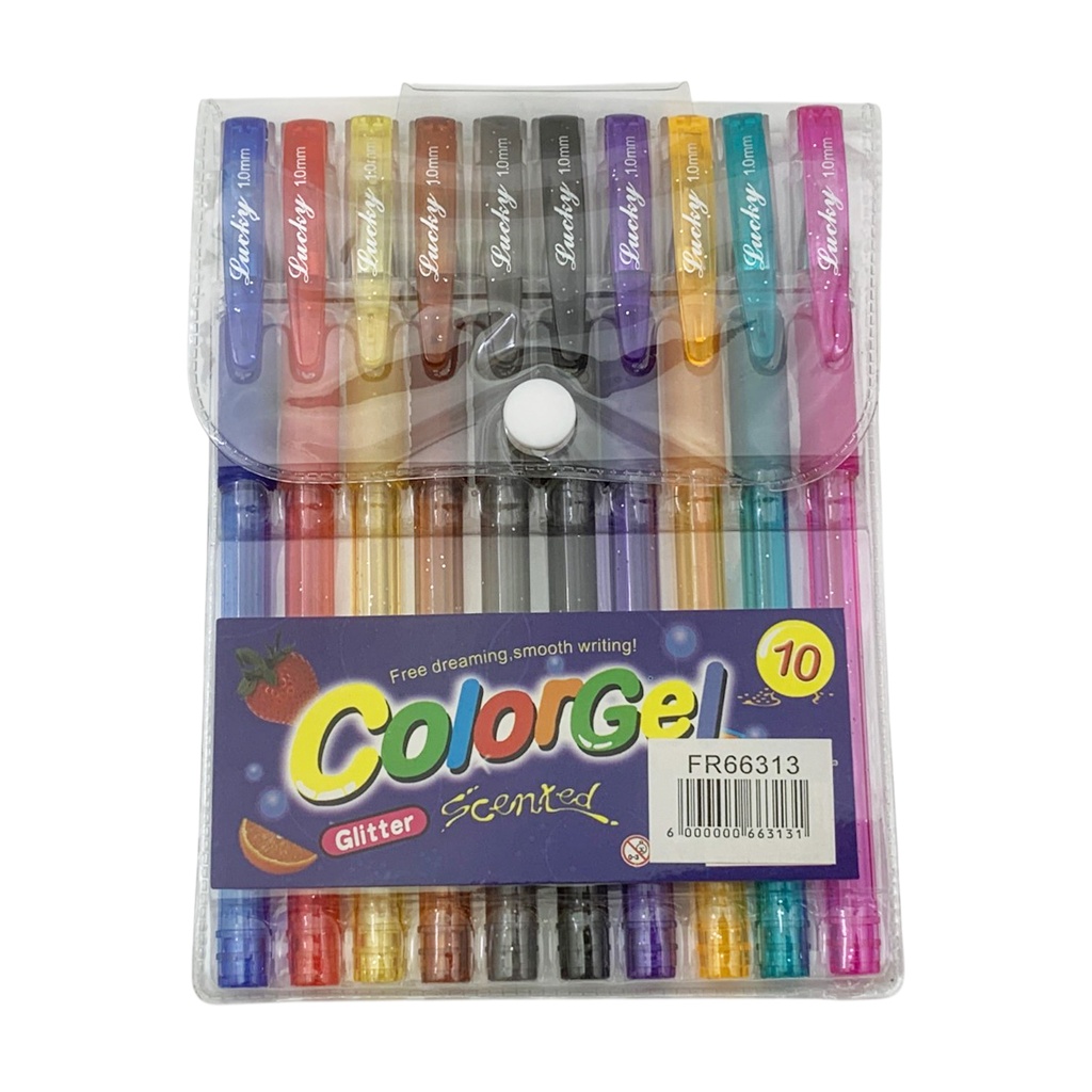 Lapicera de gel, x10 colores con brillantina, en estuche de PVC