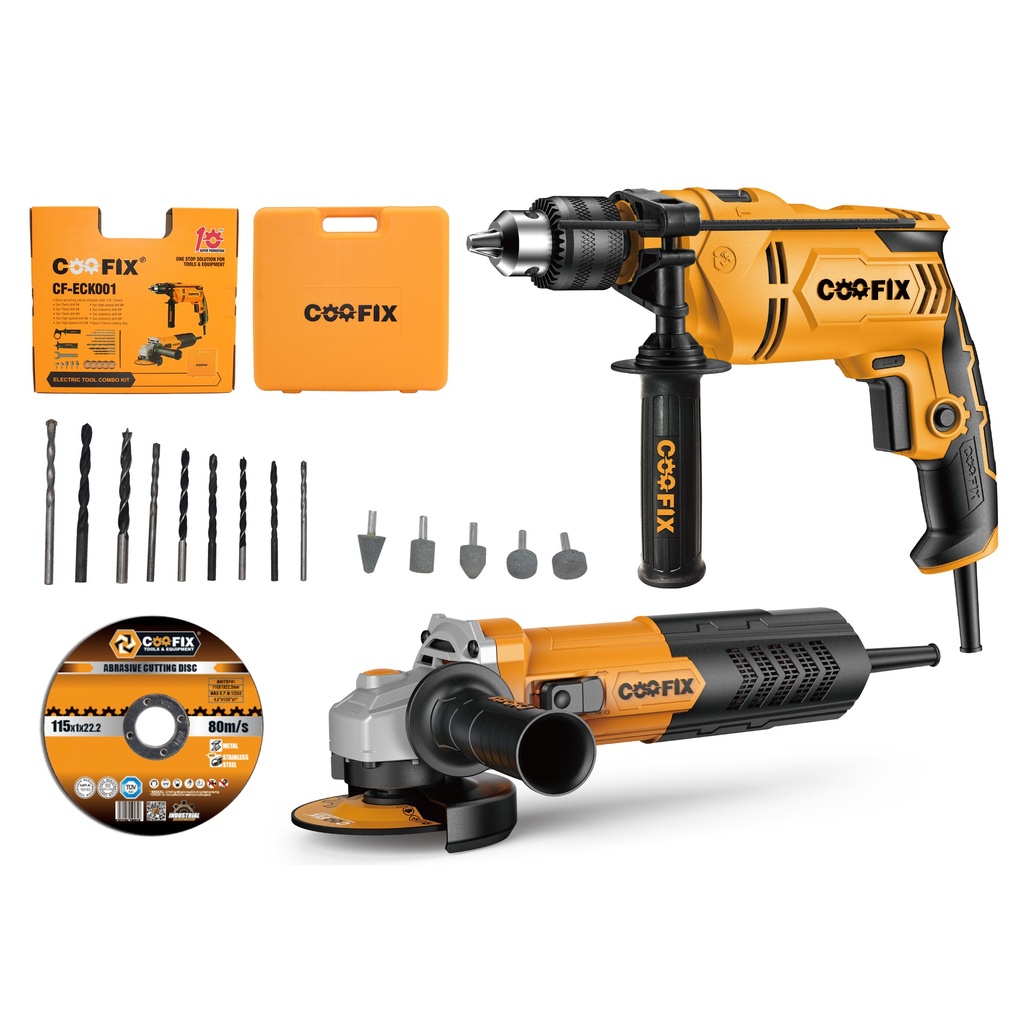 [G3718] Taladro con percutor con amoladora y accesorios,en caja, COOFIX