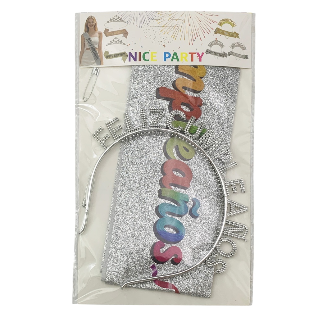 [G3909] Banda Feliz Cumpleaños con tiara, en bolsa, varios colores
