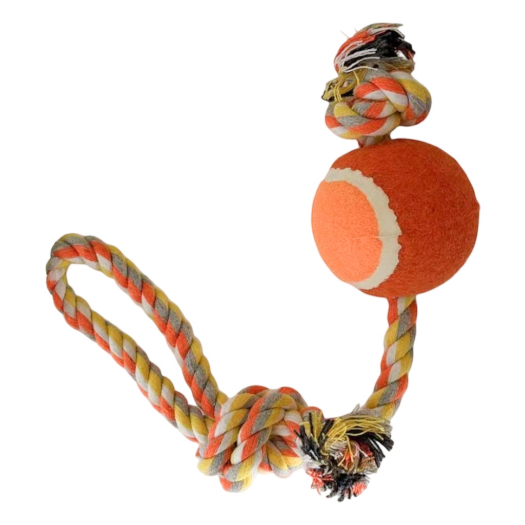 [G4001] Juguete para mascota, cuerda con nudos y pelota, en cartón, varios colores
