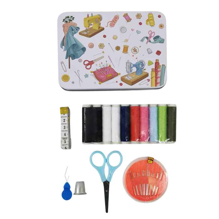 [G3103] Hilos de colores x10, con accesorios para costura, en lata costurero