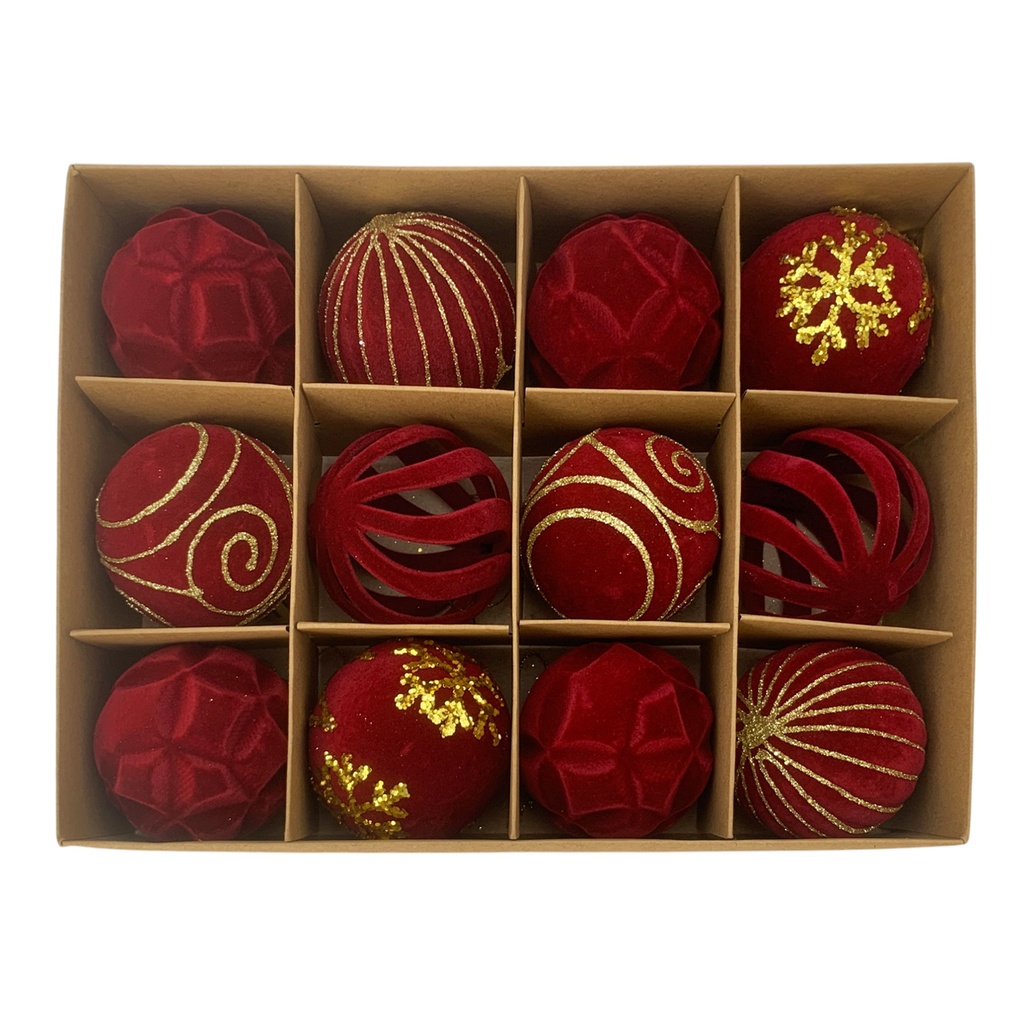 [HN0692] Bolas navideñas x12 6cm, textura símil terciopelo ROJO, en caja