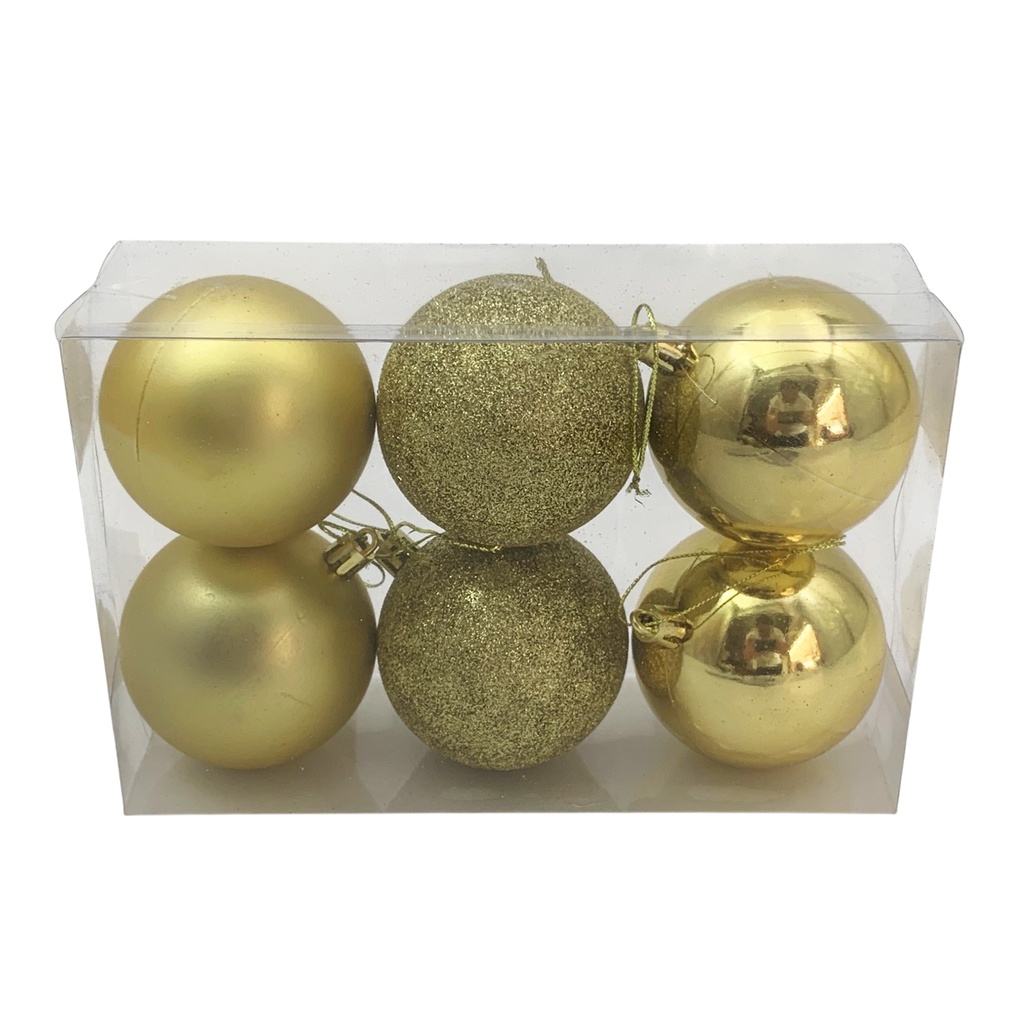 [HN0812] Bolas navideñas x6 7cm, 3 texturas DORADAS, en caja
