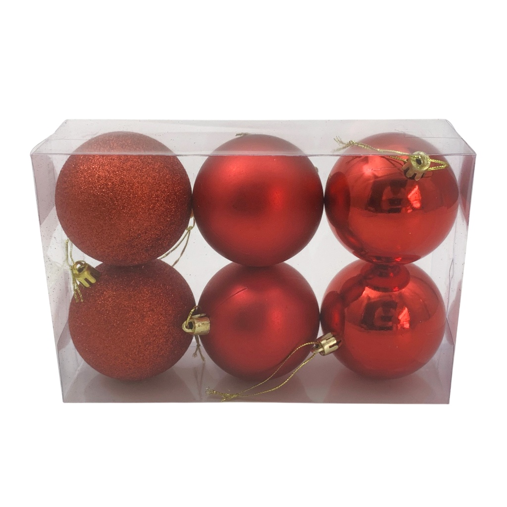 [HN0813] Bolas navideñas x6 7cm, 3 texturas ROJAS, en caja