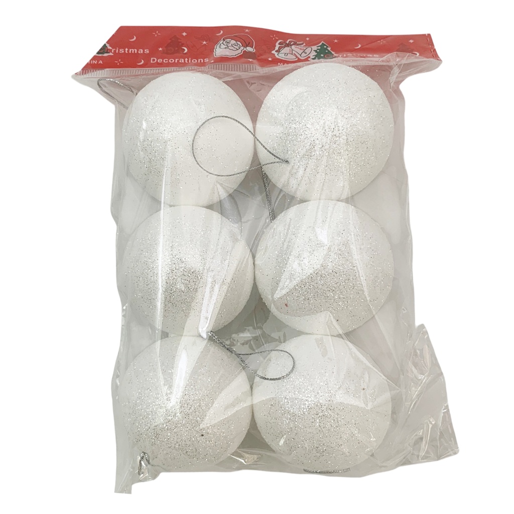 [HN0814] Bolas navideñas x6 6cm, con brillo BLANCAS, en bolsa