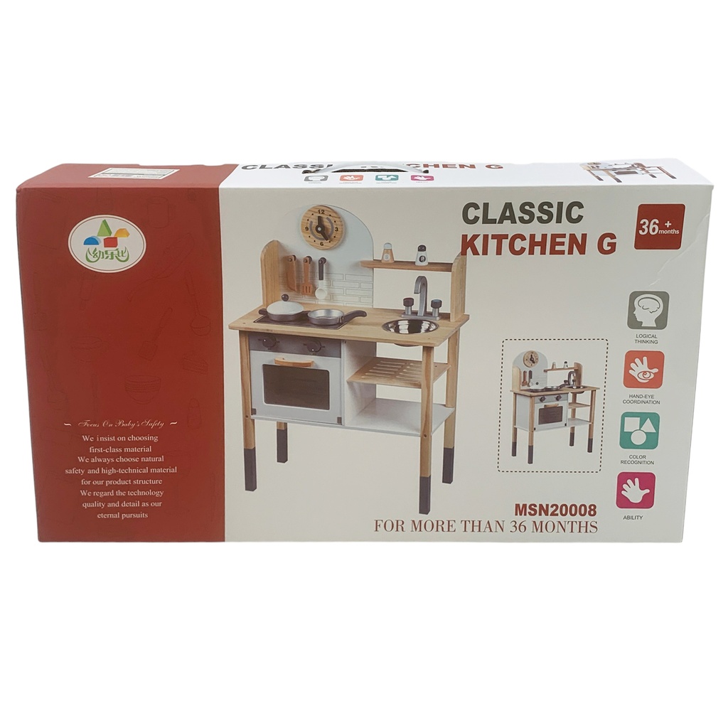 Cocina de madera, con accesorios, en caja