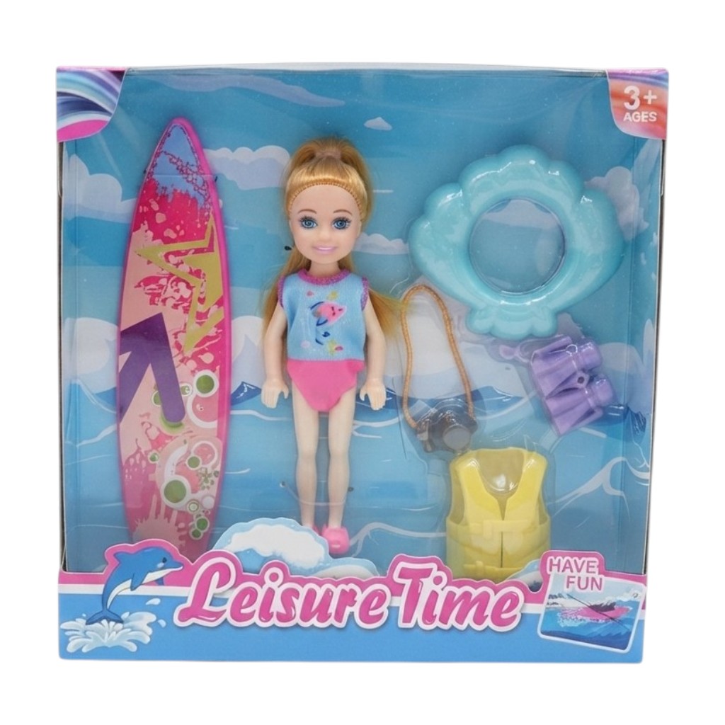Muñeca chica, con accesorios de playa, en caja